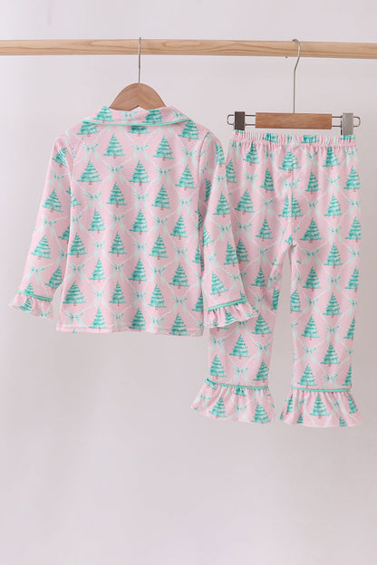 Pink christmas tree ruffle pajama set