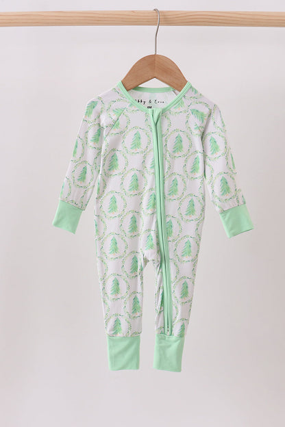 Green christmas tree bamboo zipper romper