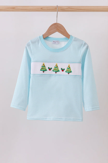 Blue stripe christmas tree smocked top