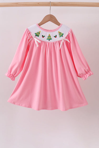 Pink christmas tree smocked ruffle dress