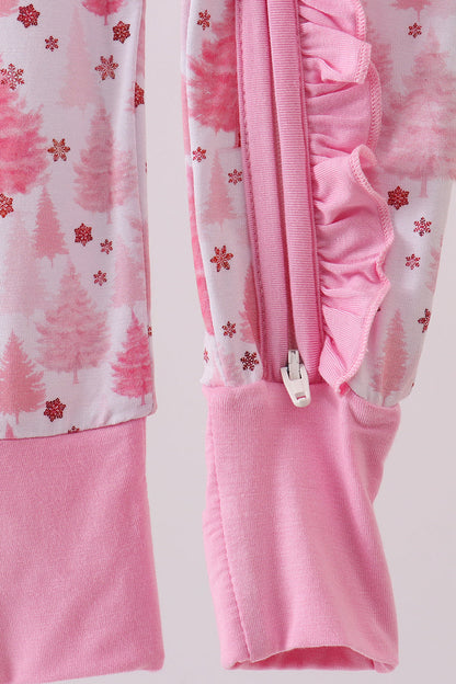 Pink christmas tree bamboo ruffle zipper romper