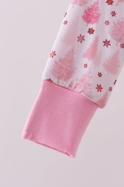 Pink christmas tree bamboo ruffle zipper romper