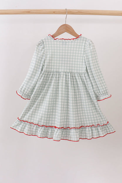 Sage ribbon bow gingham ruffle gown dress