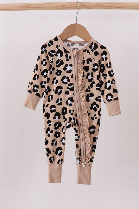 Brown leopard bamboo ruffle zipper romper - Cloudling Kids Clothing