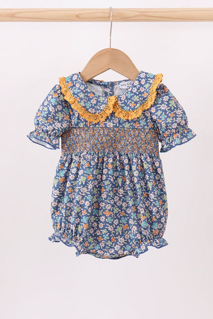 Navy floral smocked ruffle bubble