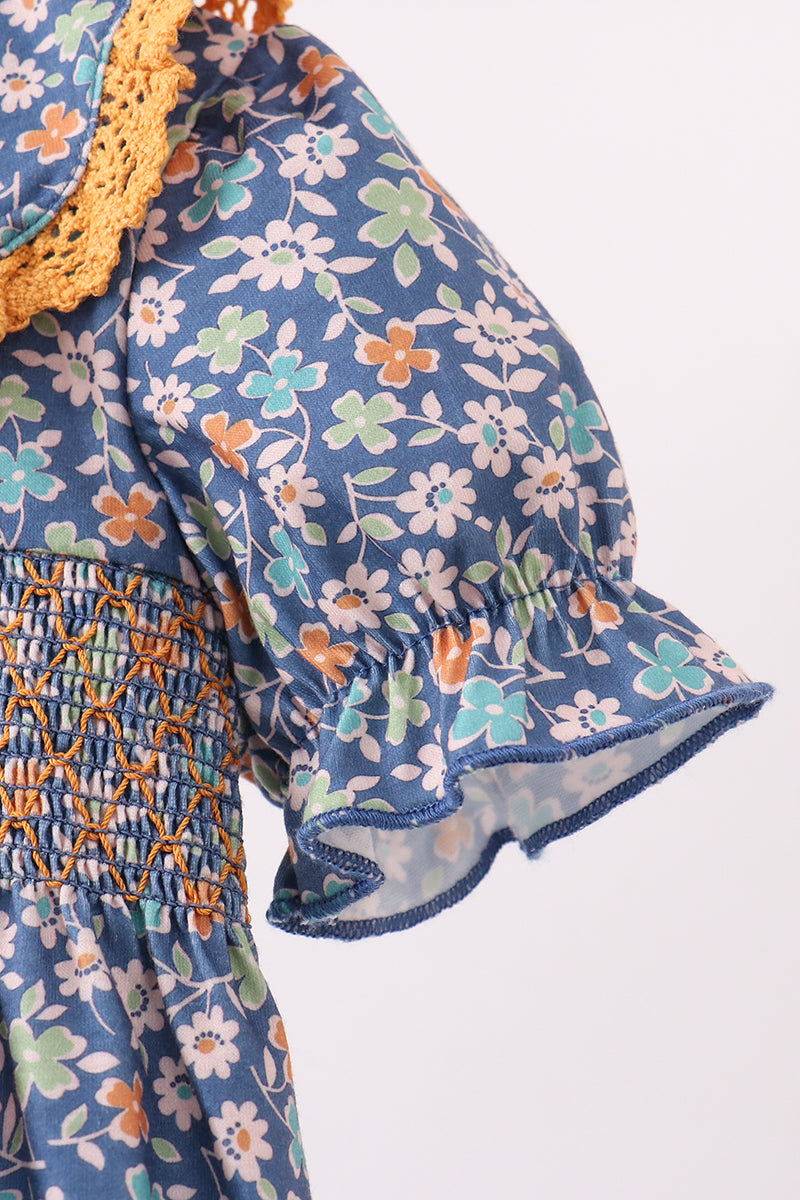 Navy floral smocked ruffle bubble