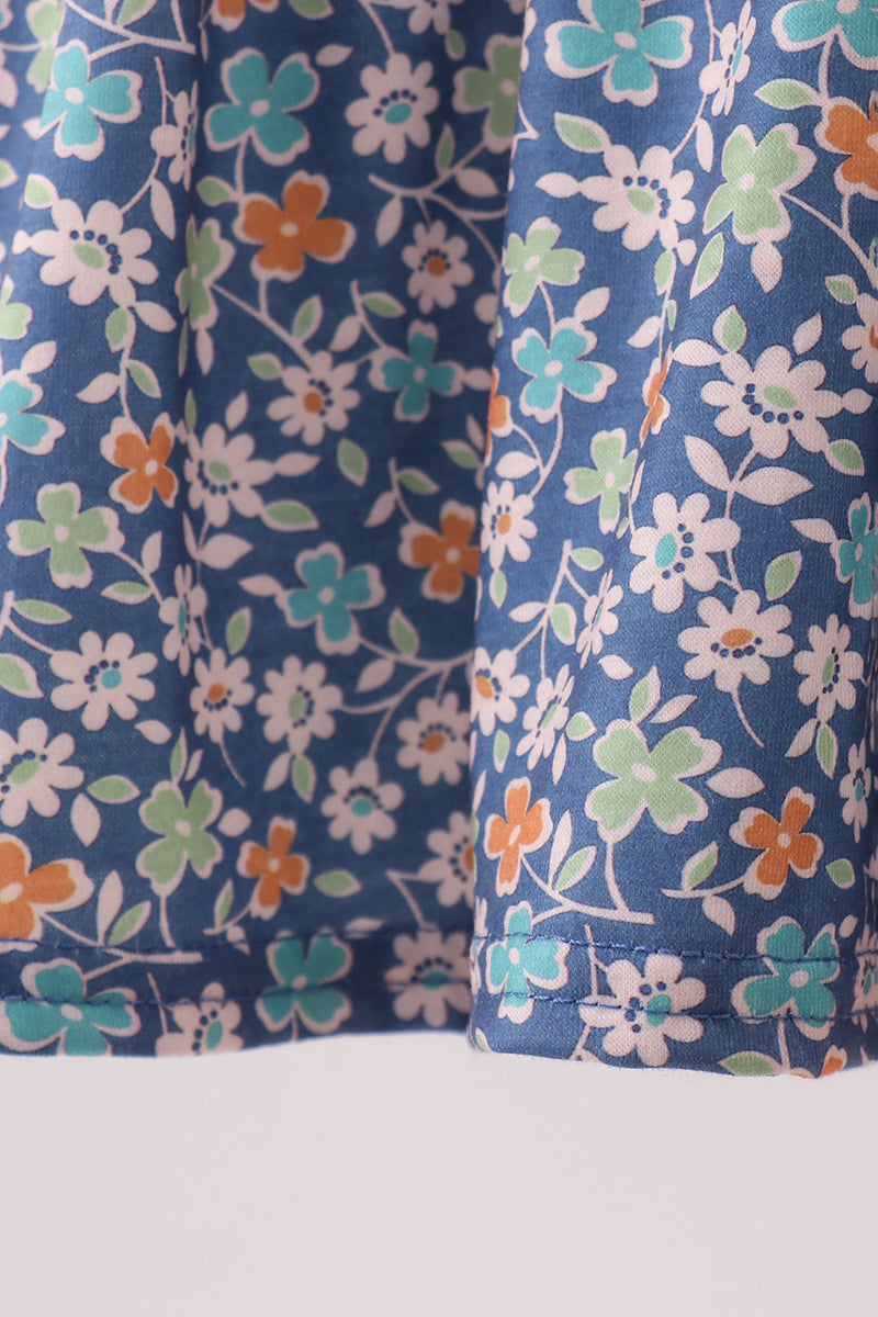 Navy floral smocked ruffle pants set