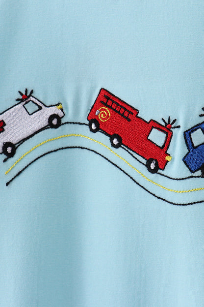 Blue vehicle emboridery romper