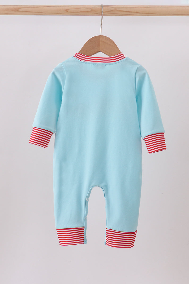 Blue vehicle emboridery romper