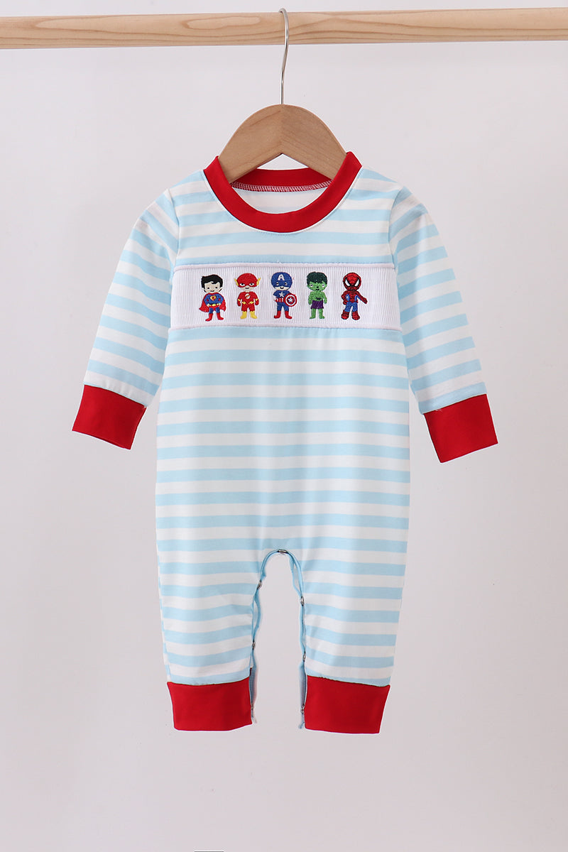 Blue character embroidery stripe romper
