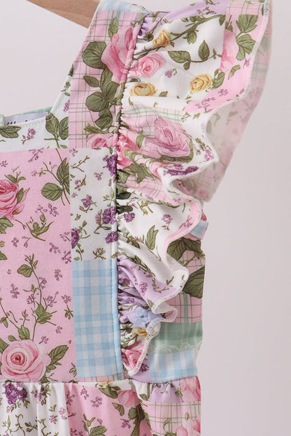 Purple floral checkered ruffle jumpsuit