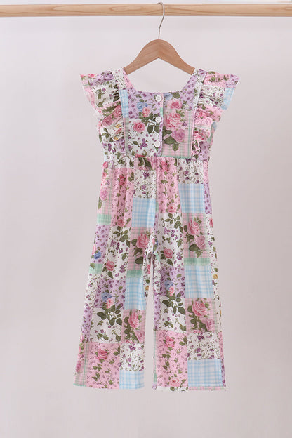 Purple floral checkered ruffle jumpsuit