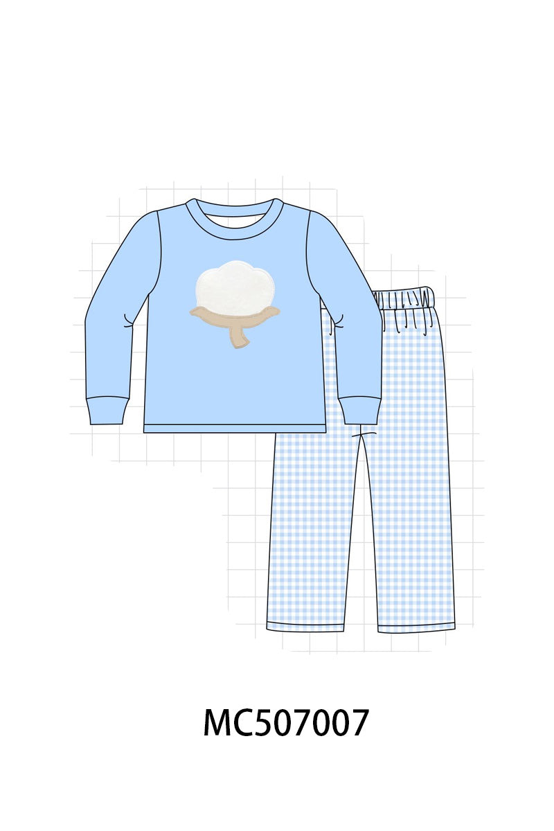 Blue cotton applique gingham pants set