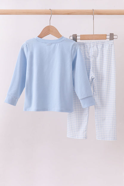 Blue cotton applique gingham pants set