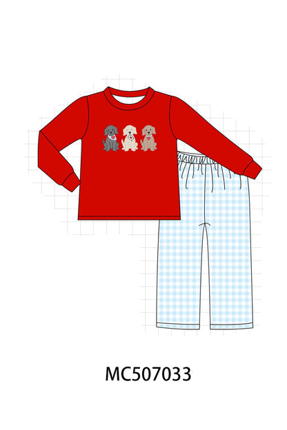 Red puppy embroidery gingham pants set