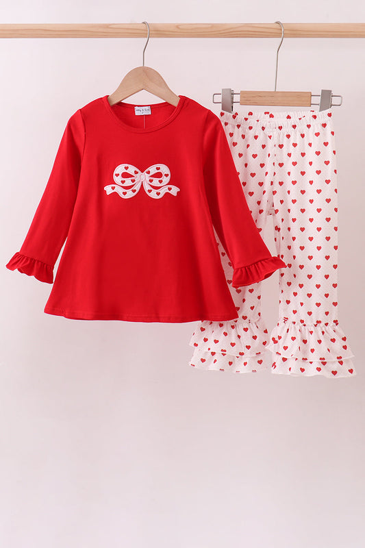 Red bow applique ruffle pants set