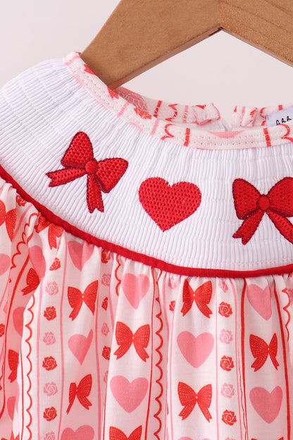 Red heart bow smocked bubble
