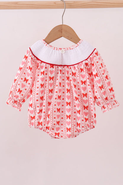 Red heart bow smocked bubble
