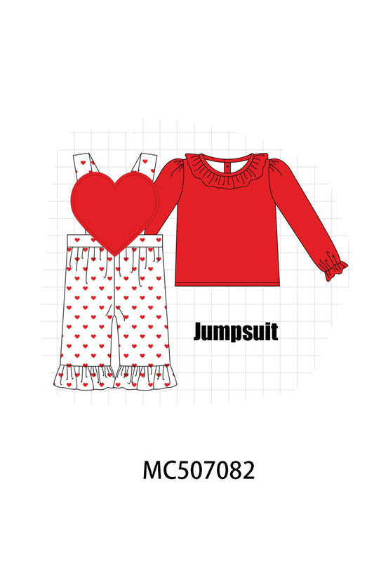 Red heart applique ruffle jumpsuit set