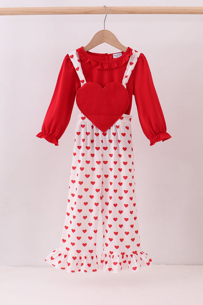 Red heart applique ruffle jumpsuit set