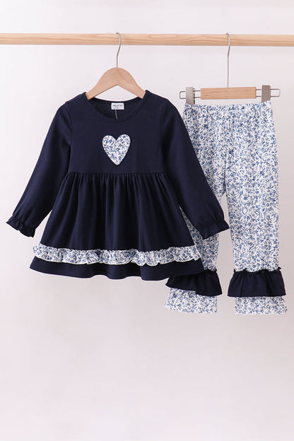 Navy heart floral applique ruffle pants set