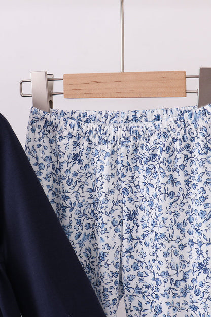 Navy heart floral applique ruffle pants set