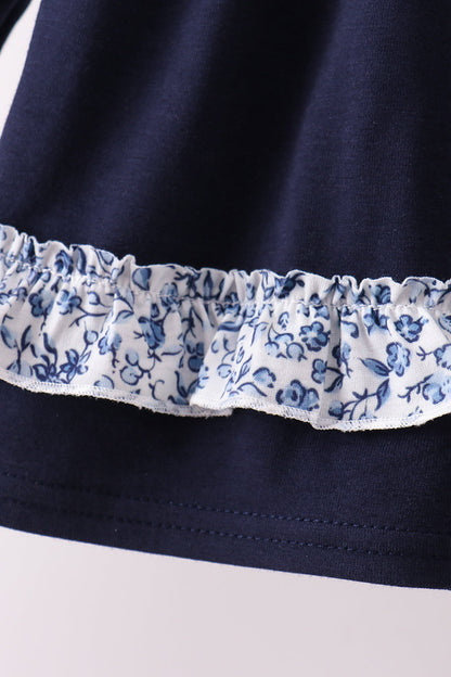 Navy heart floral applique ruffle pants set