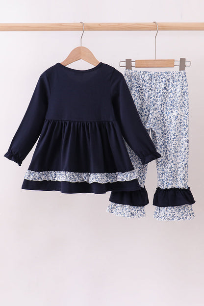 Navy heart floral applique ruffle pants set