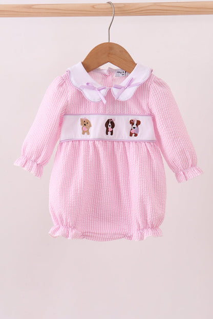 Pink puppy embroidery seersucker bubble