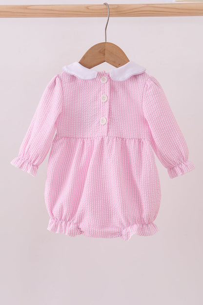 Pink puppy embroidery seersucker bubble