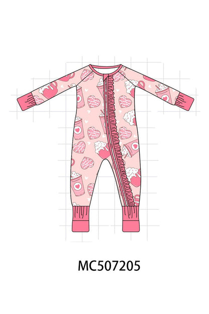 Pink heart print bamboo pajama ruffle zipper romper