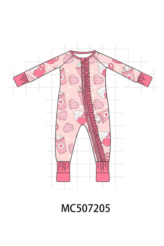 Pink heart print bamboo pajama ruffle zipper romper