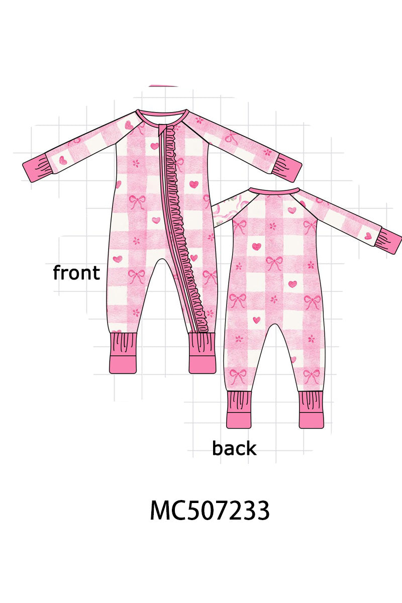 Pink heart checkered bamboo ruffle pajama zipper romper