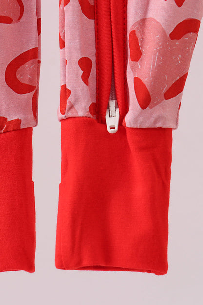 Red heart print bamboo zipper romper