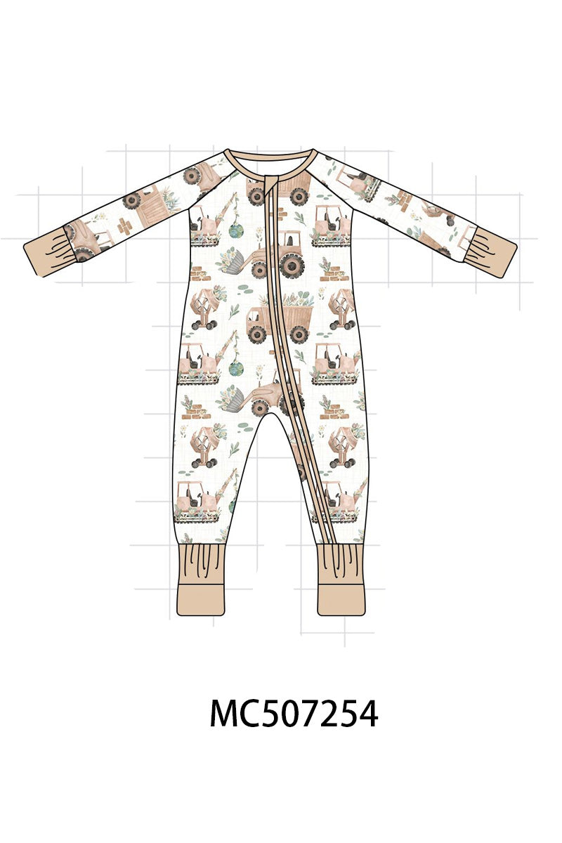 Khaki crane bamboo pajama zipper romper