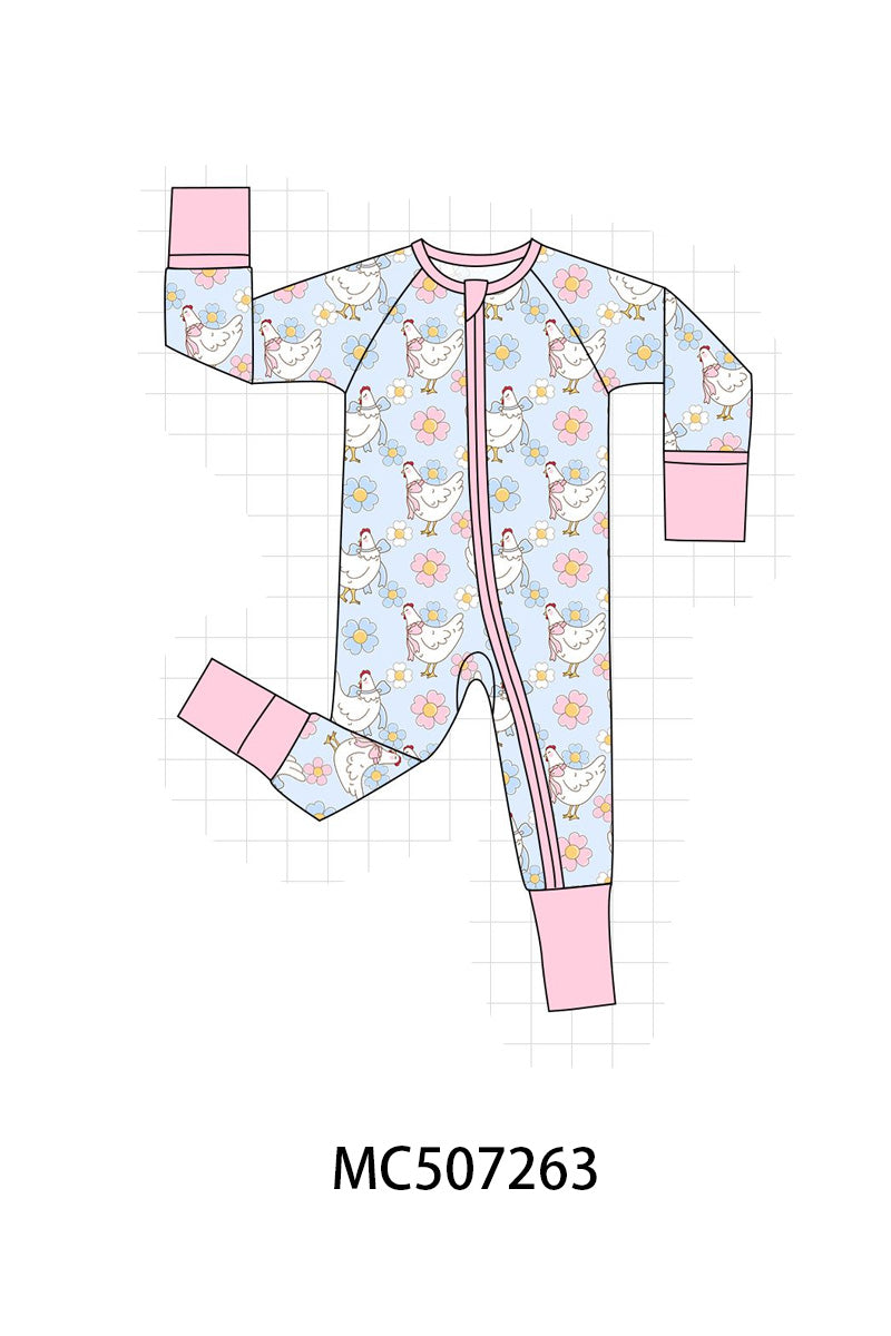 Blue chicken floral print pajama romper