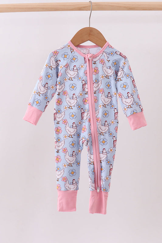 Blue chicken floral print pajama romper