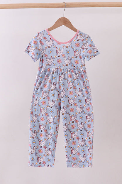 Blue chicken floral print pajama jumpsuit