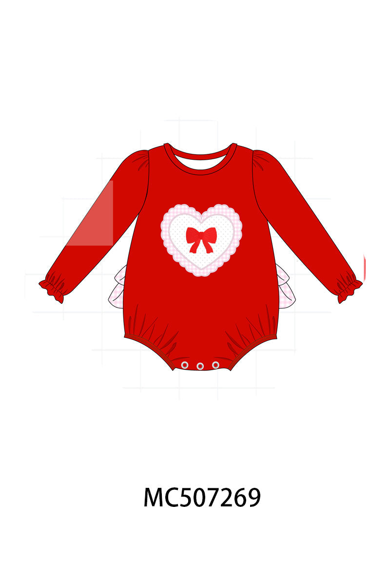 Red heart bow applique ruffle bubble