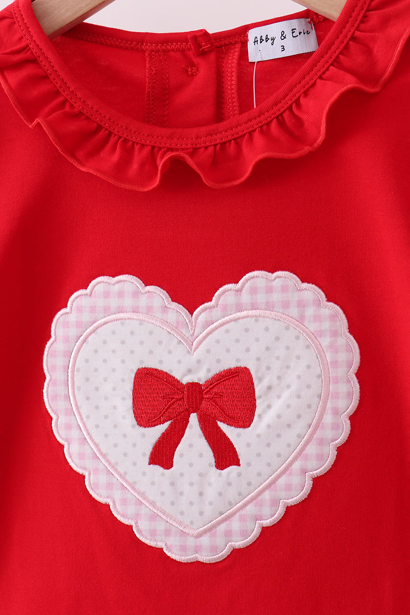 Red heart bow applique ruffle pants set