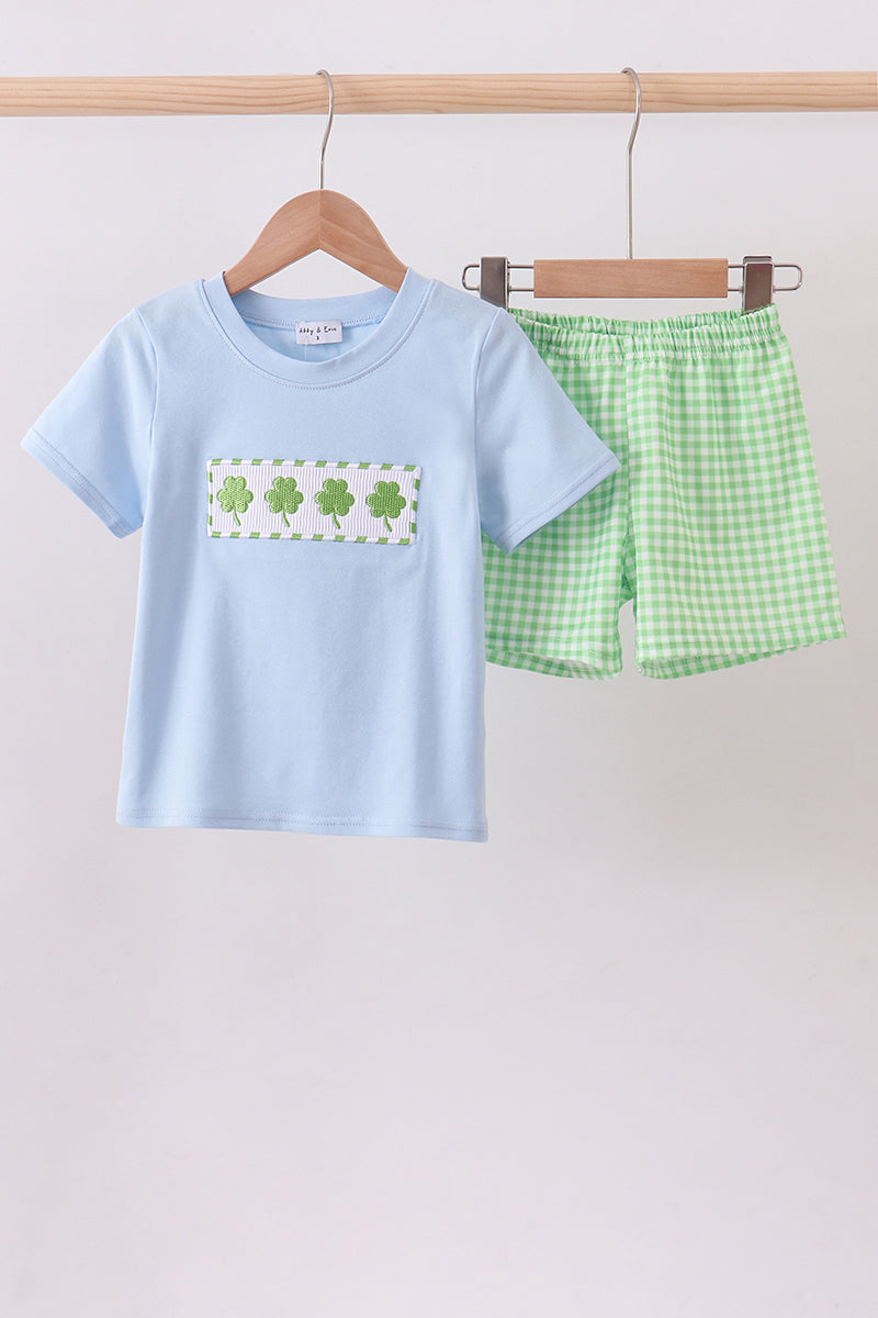 Blue clover embroidery shorts set