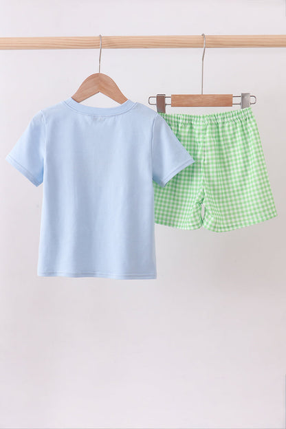 Blue clover embroidery shorts set