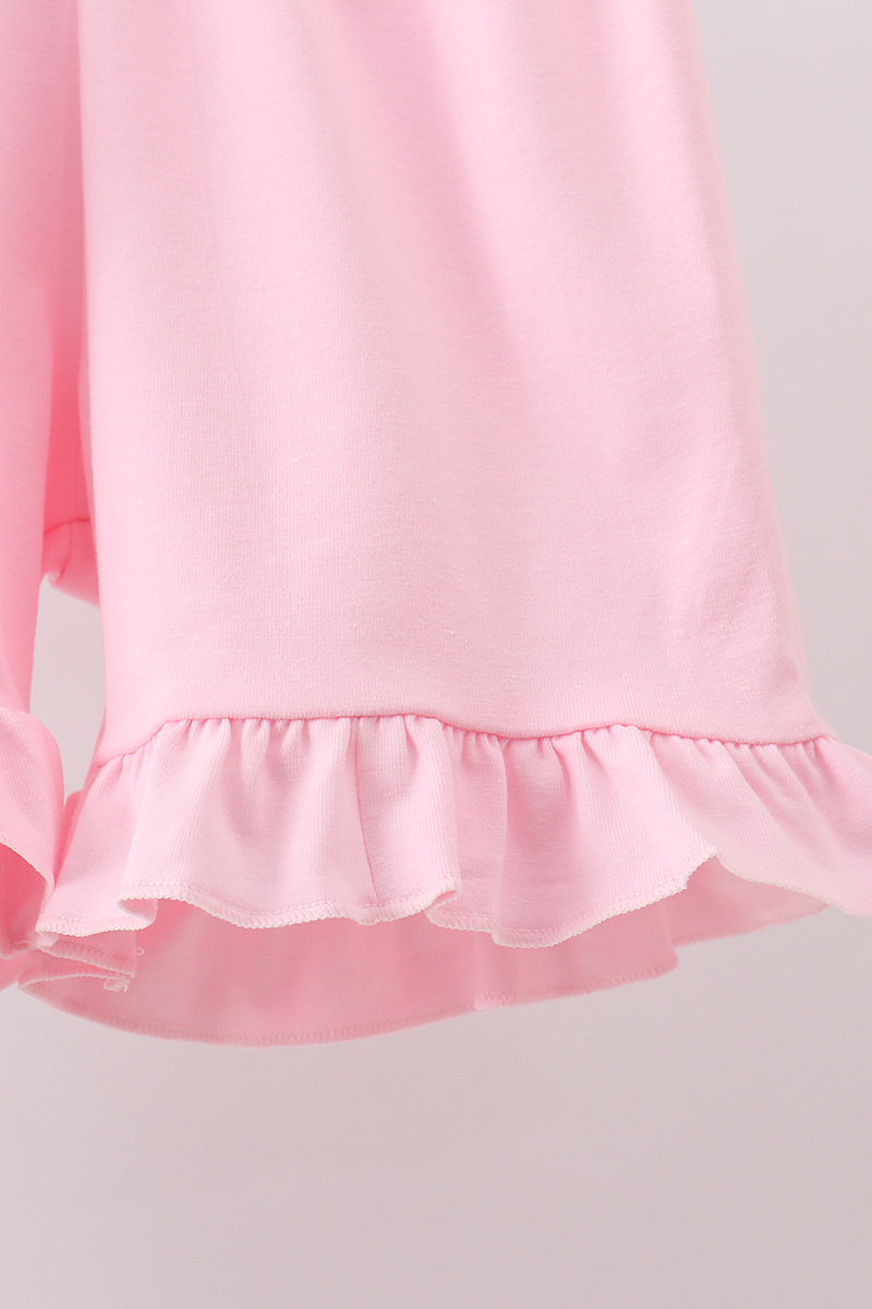 Pink clover bow embroidery shorts set