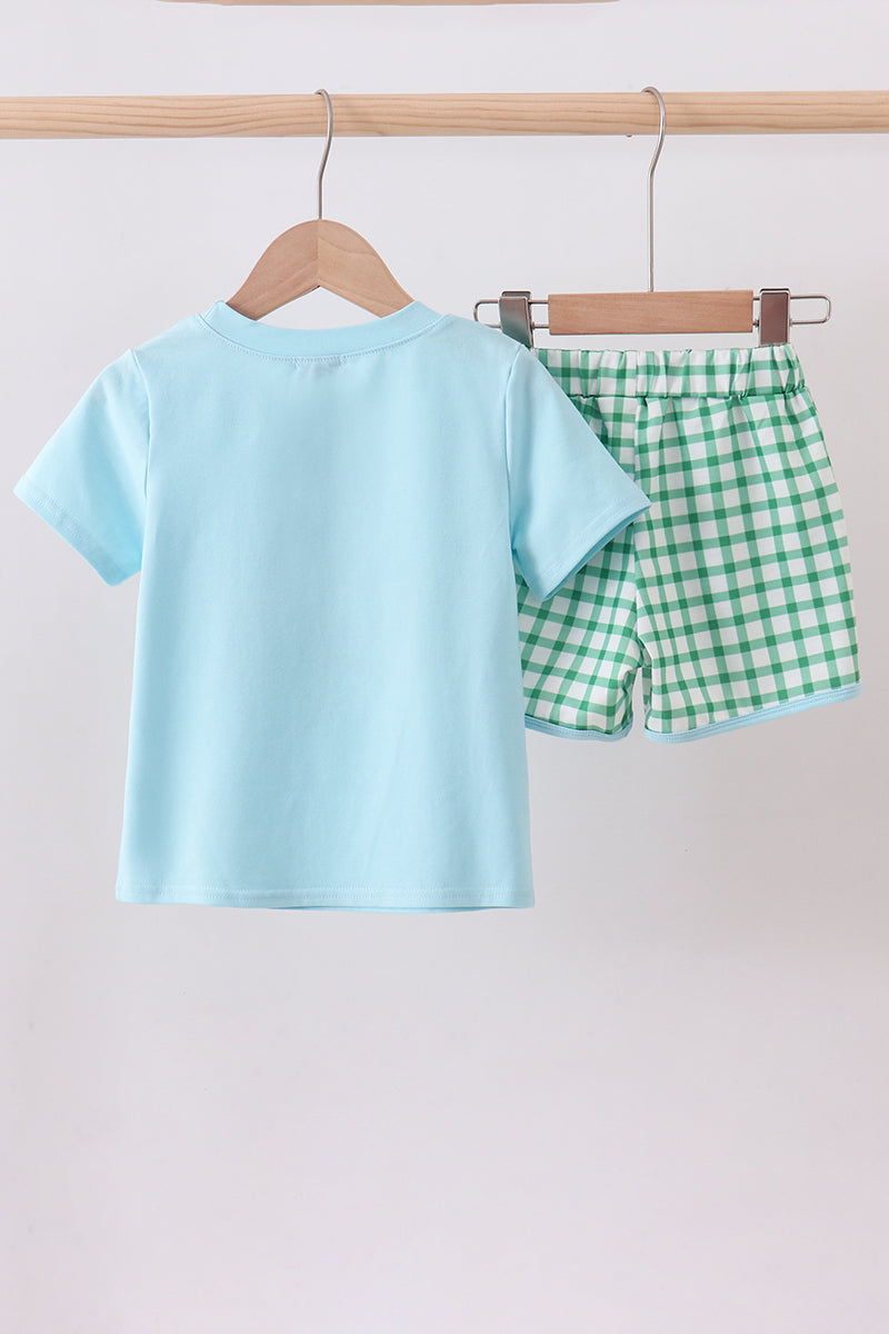 Blue clover applique shorts set