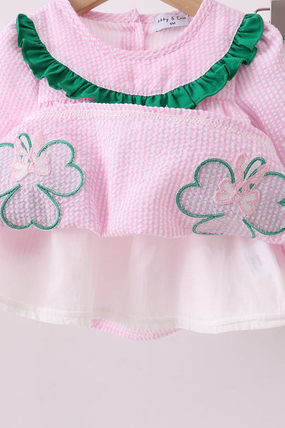 Pink clover applique seersucker bloomer set
