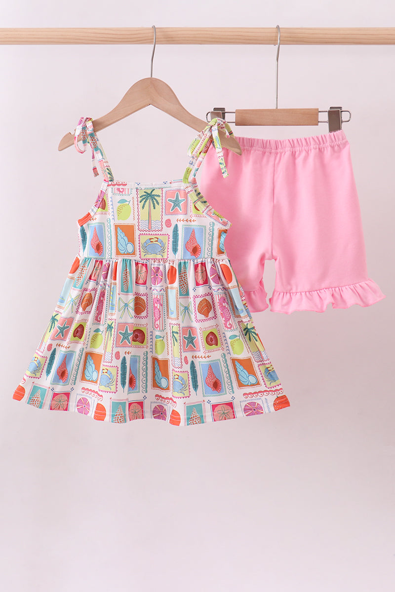 Pink enjoy beach ruffle shorts set
