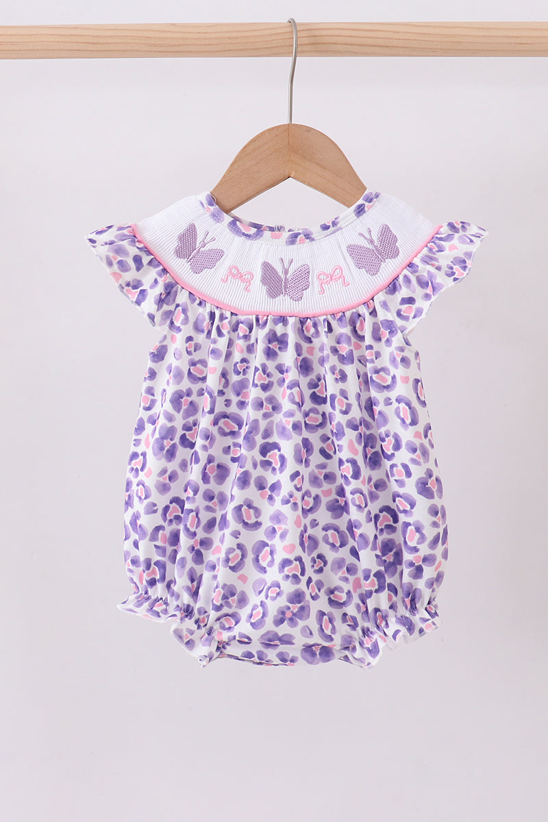 Purple leopard butterfly smocked bubble