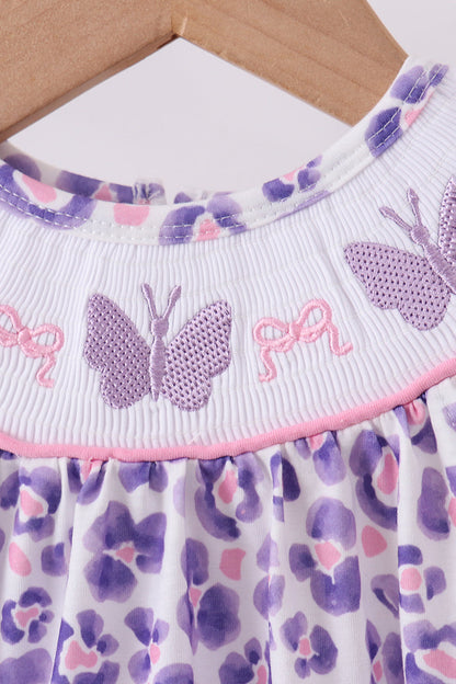 Purple leopard butterfly smocked bubble