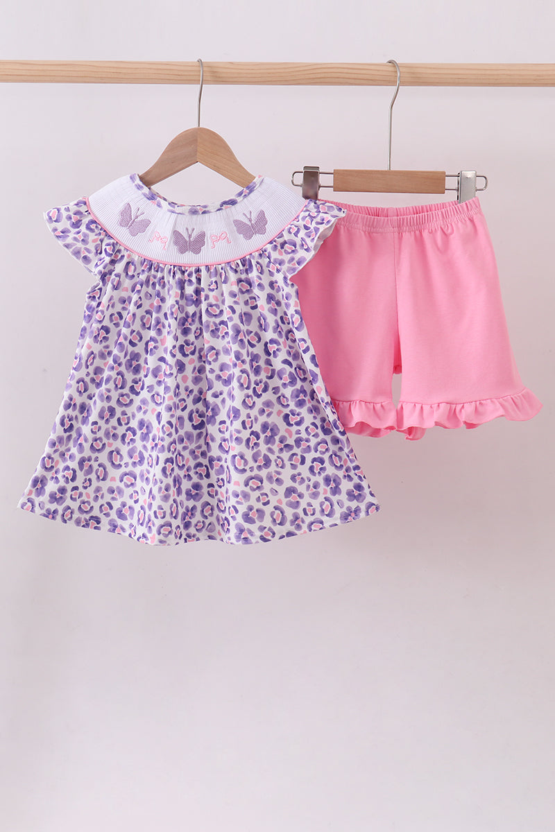 Purple leopard butterfly smocked shorts set
