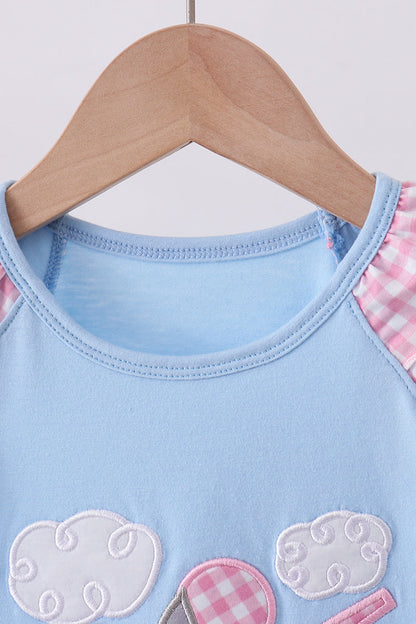 Blue character plane applique ruffle dress